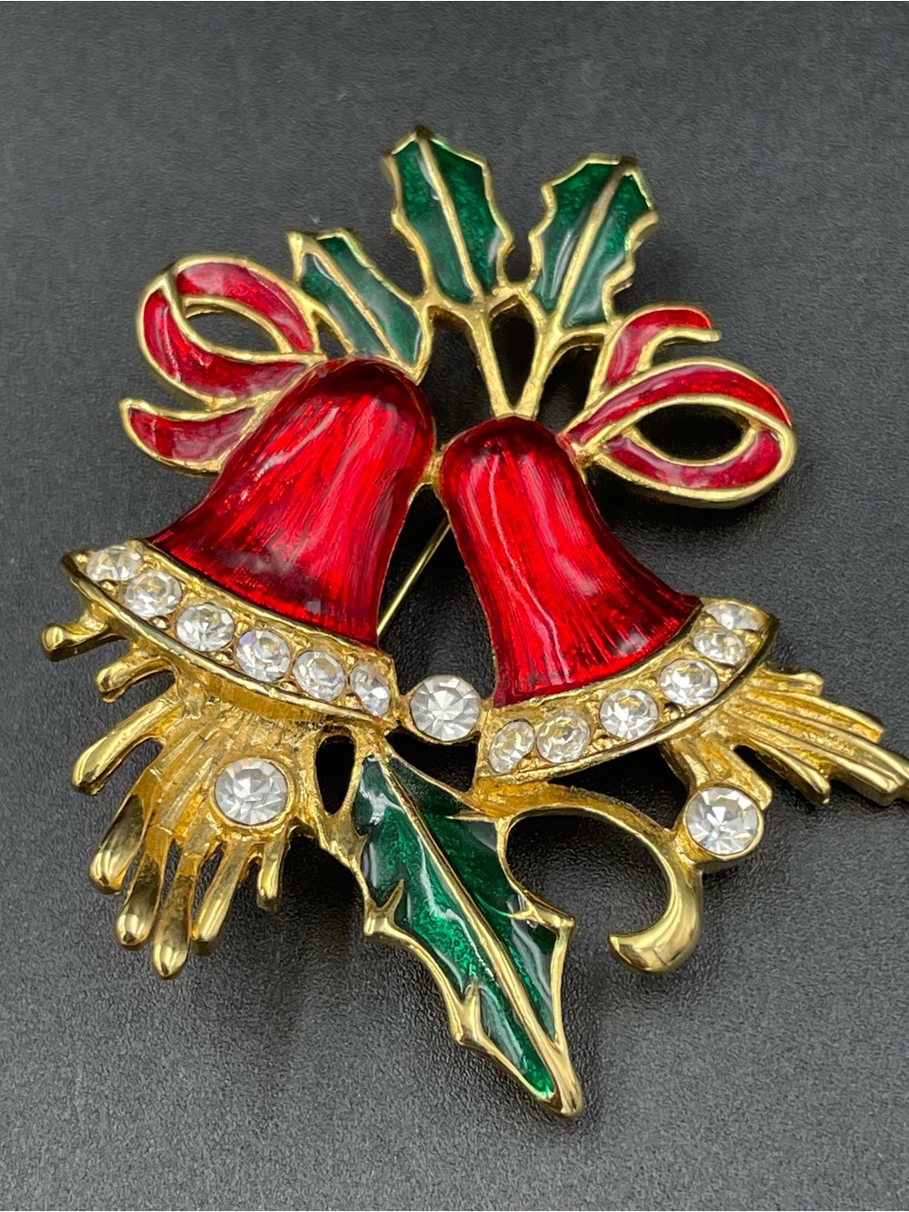 Signed SFJ Enamel Christmas Bells Holly Rhinestones Brooch